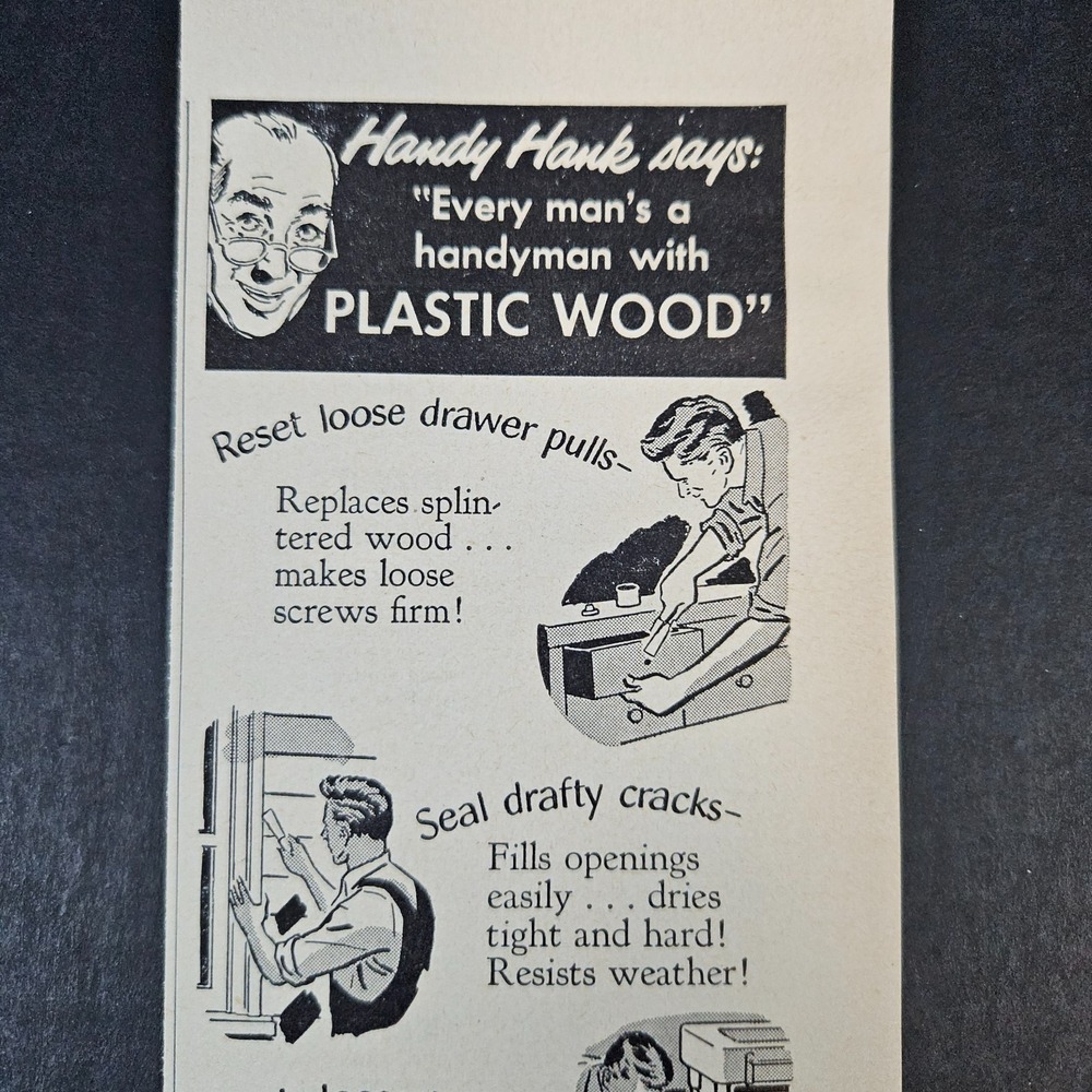 1952 Plastic Wood Cellulose Fibre Filler‎ Vintage Print Ad Handy Hank Putty Shop